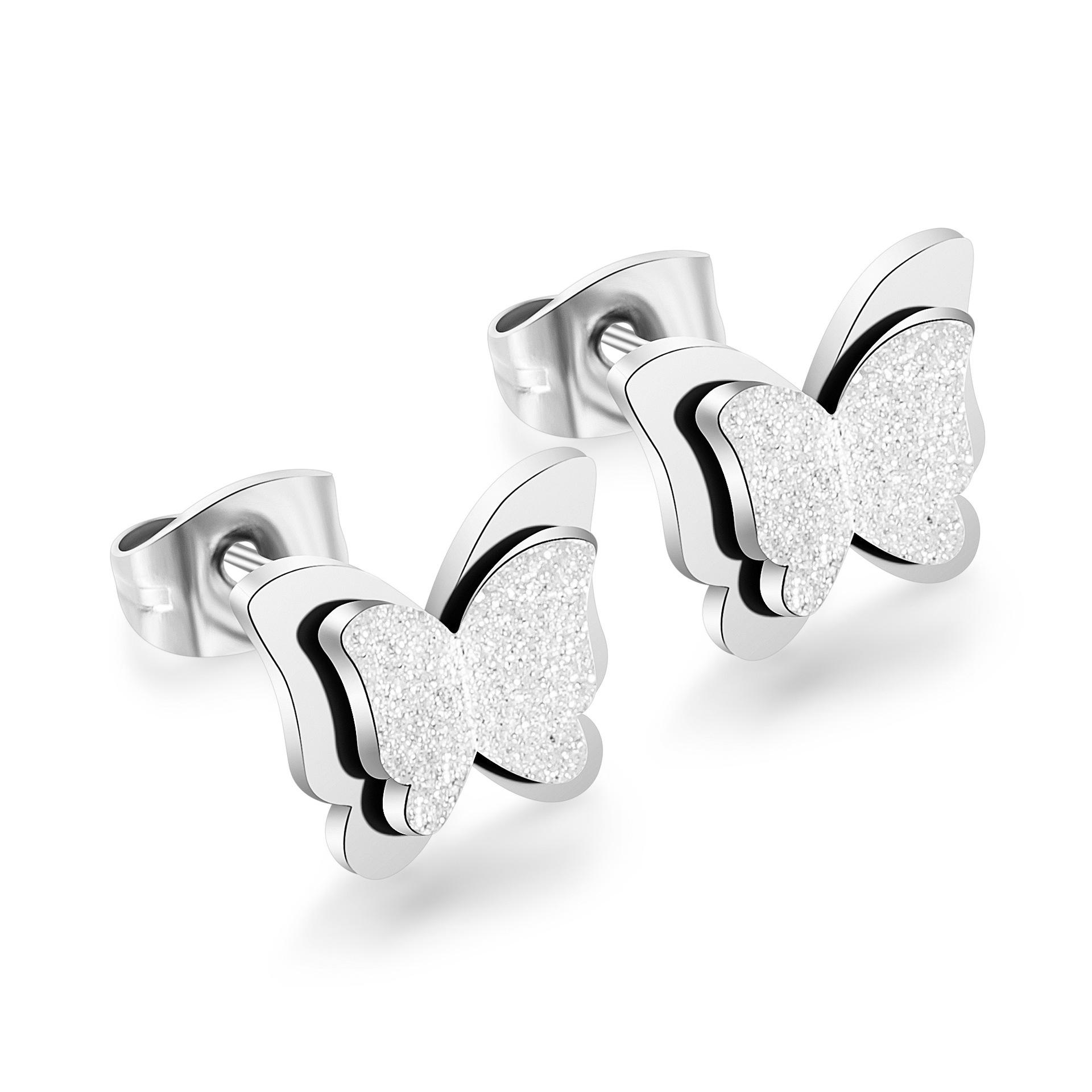 European & American Fashion Double Layer Frosted 12MM Butterfly Stainless Steel Stud Earrings