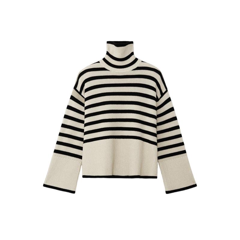 

Longmei Women s Striped High Neck Sweater - 2025 Autumn/Winter Wool Knit Top Small бежевый