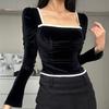 Y2K Fashion Women‘s T Shirt Bandage Corset Top Elegant Vintage Black Velvet T-Shirt Low Cut Long Sleeve Crop Tops