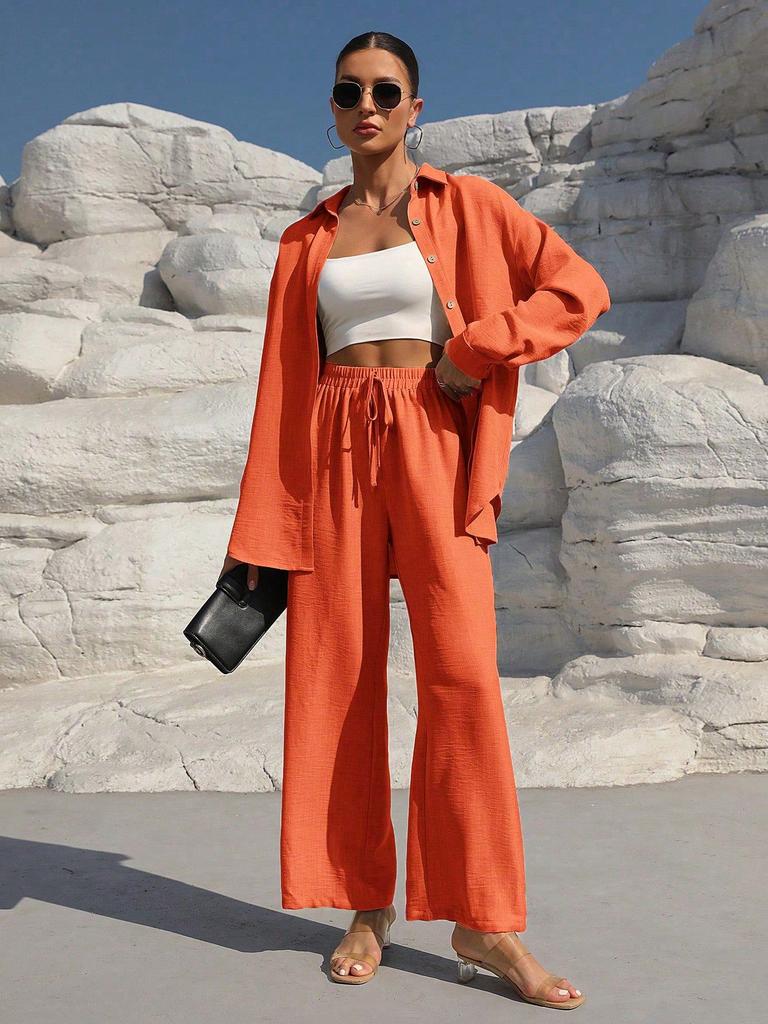 Women's Long Sleeve Shirt and Wide Leg Pants Suit Set