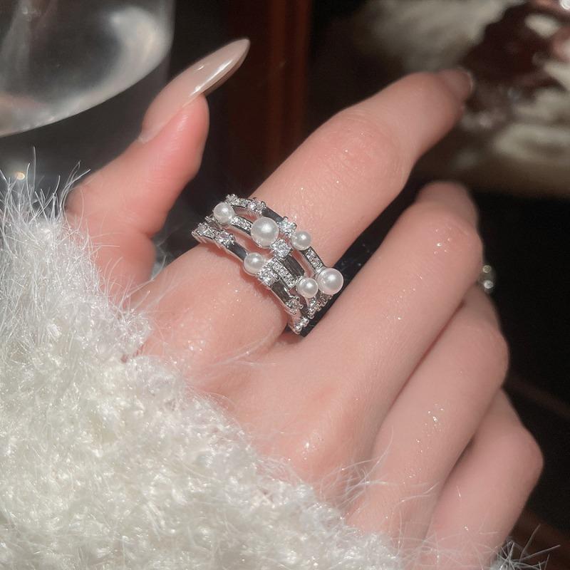 Cold wind zircon pearl opening ring Korean elegant temperament versatile index finger ring light luxury high-end jewelry women