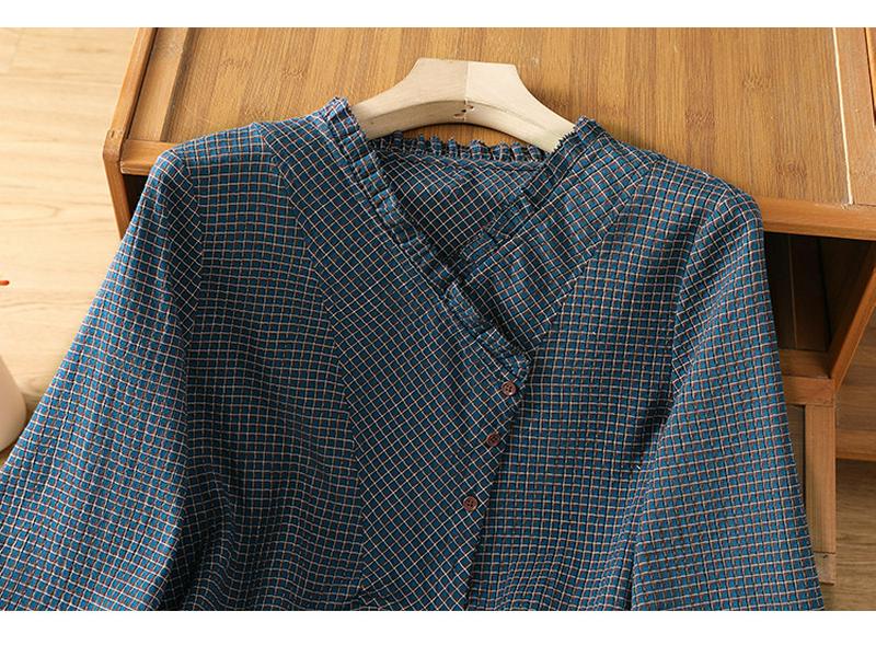 Women's Blue Cotton Plaid Long Sleeve Shirt - Stylish Autumn 2026