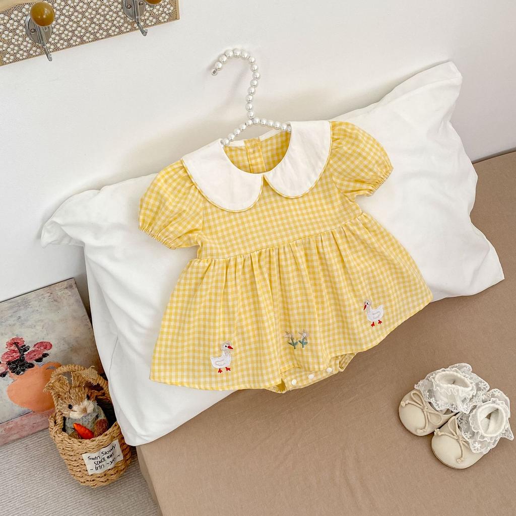 Baby Girl Summer Romper with Cute Embroidery and Checkered Design