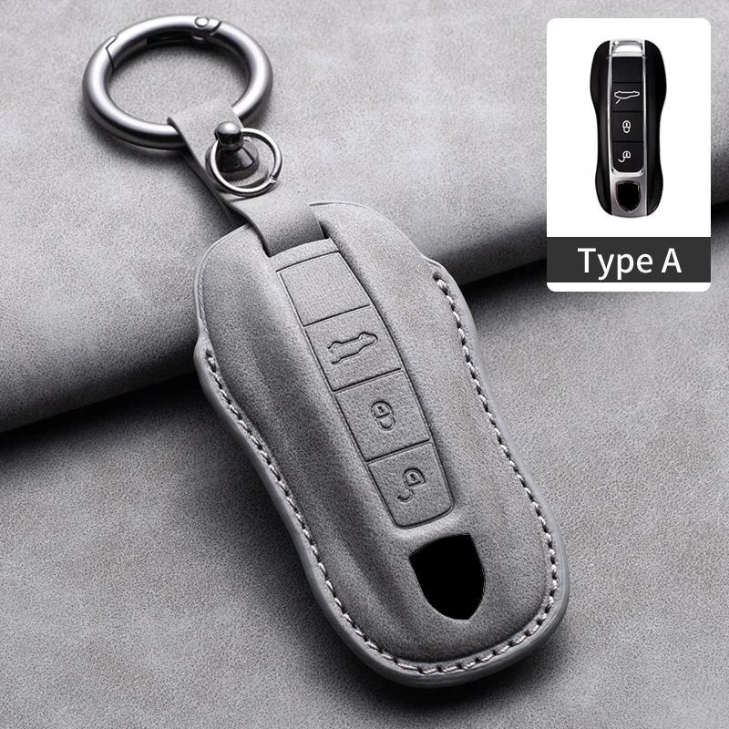 Leather Car Key Case Cover Shell Fob For Porsche Panamera Spyder Carrera Macan Cayman Cayenne 911 970 981 991 Car Keychains
