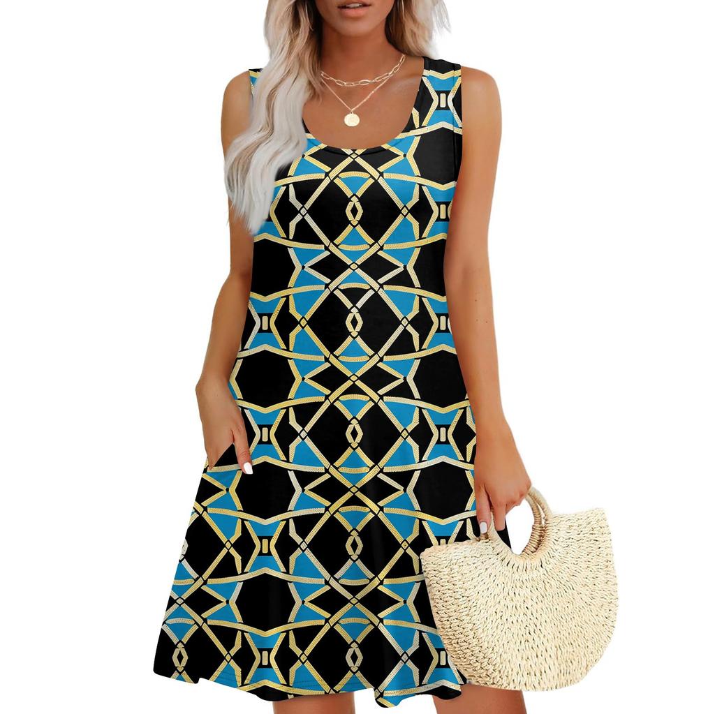 Lässiges Sommerkleid für Damen mit Taschen, Sommer-Boho-Strandkleid, Urlaubskleider für Damen, T-Shirt-Kleid, U-Ausschnitt, lockere Tank-Kleider