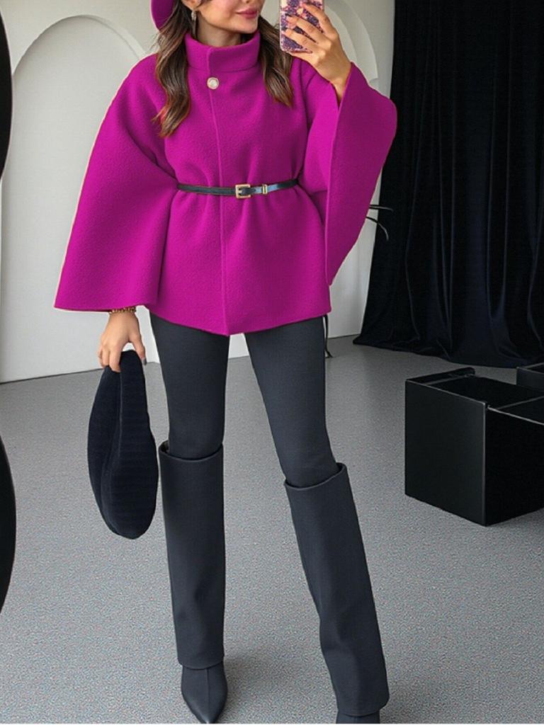 Moda Invernale Donna Stile Elegante Colore Puro Cintura con Cintura Cappotto Mantella in Lana