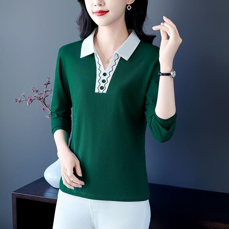 Spring Women Contrast Collar 3/4 Sleeve Button Decor Wavy Trim Blouse
