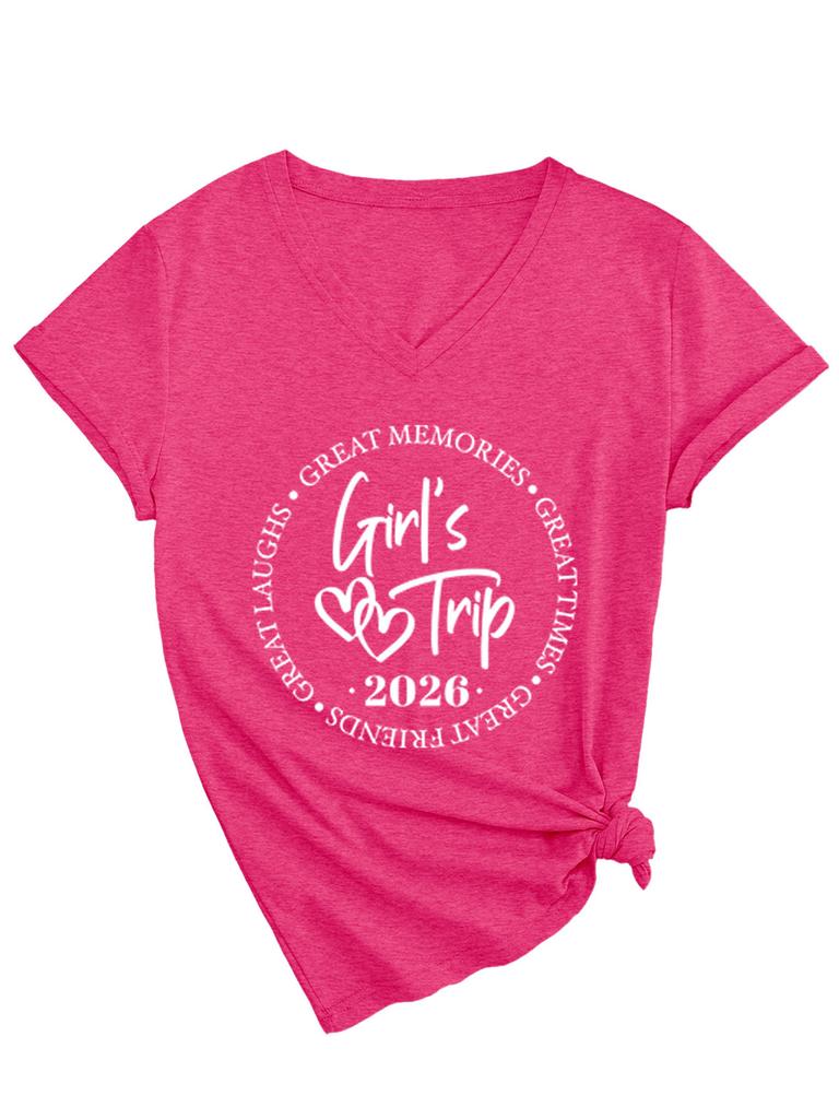 Casual and Comfortable Women's Girl's Trip Temperament V-neck Short-sleeved T-shirt