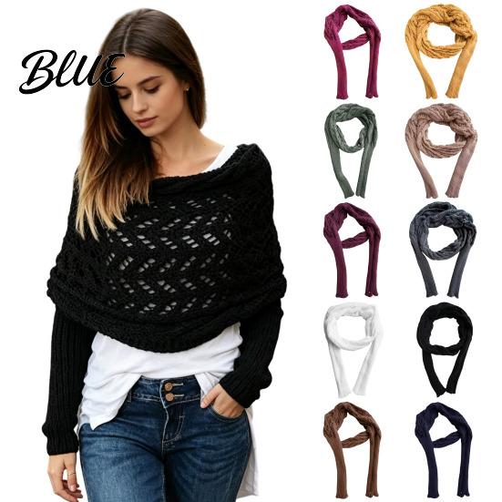 Double Sleeved Cardigan Scarf Sweater with Sleeves for Women Knitted Cable Wrap Shawl Casual Chic Oversized Shawl Shrugs Autumn Winter Retro Hollow