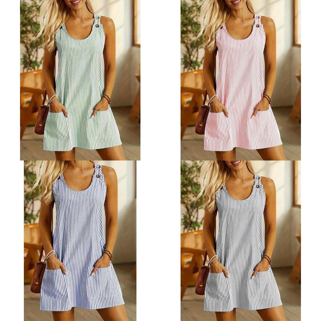 Casual Cotton Polyester Striped Pocket Aline Dress For Spring And Summer Wear