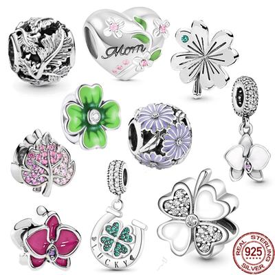 Nuovo argento sterling 925 quadrifoglio viola margherita giglio perline di fascino misura originale braccialetto di moda braccialetto braccialetto gioielli da donna regalo