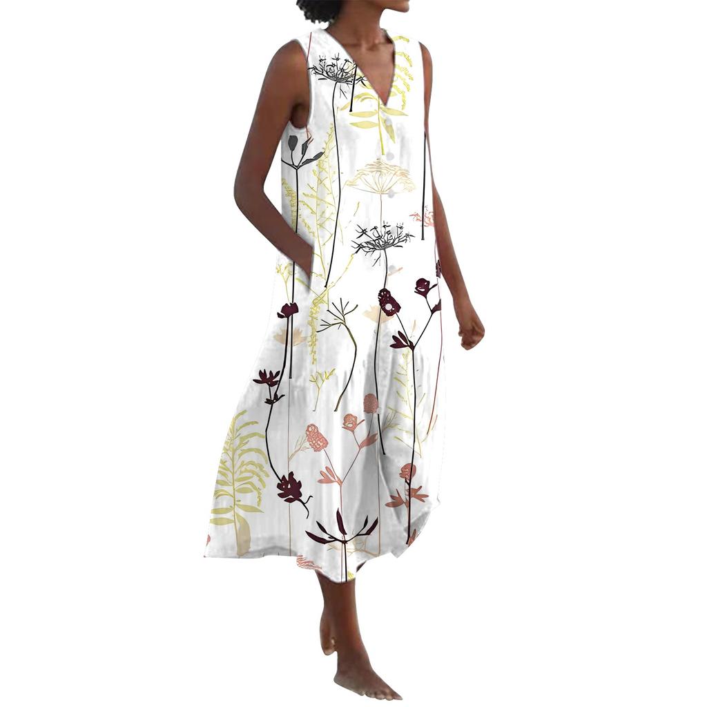 Women's Print Summer Dress Sleeveless V Neck Button Down Casual Pocket Swing Short Dress