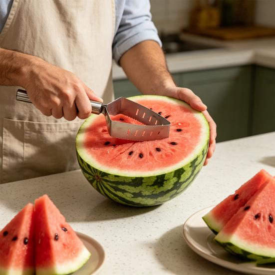 Stainless Steel Watermelon Slicer with Serrated Blade 2-in-1 Triangle Fruit Cutter for Melon Pineapple Multi-Function Divider for Cake Pizza