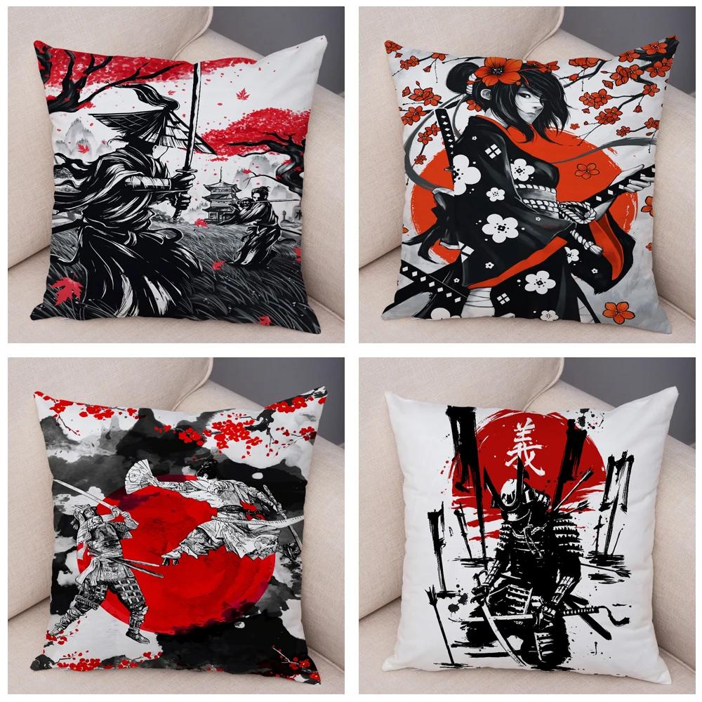 Japan Style Ink Warrior Cushion Cover for Sofa Home Double Print Decor Beautiful Scenery Girl Pillowcase Soft Plush Pillow Case