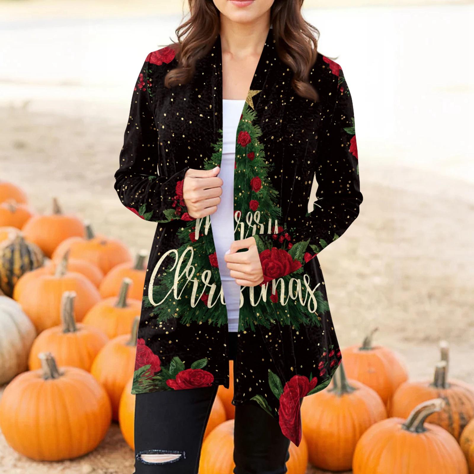 

Women s Fashion Casual Christmas Printed Mid-Length Irregular Hem Cardigan Jacket L