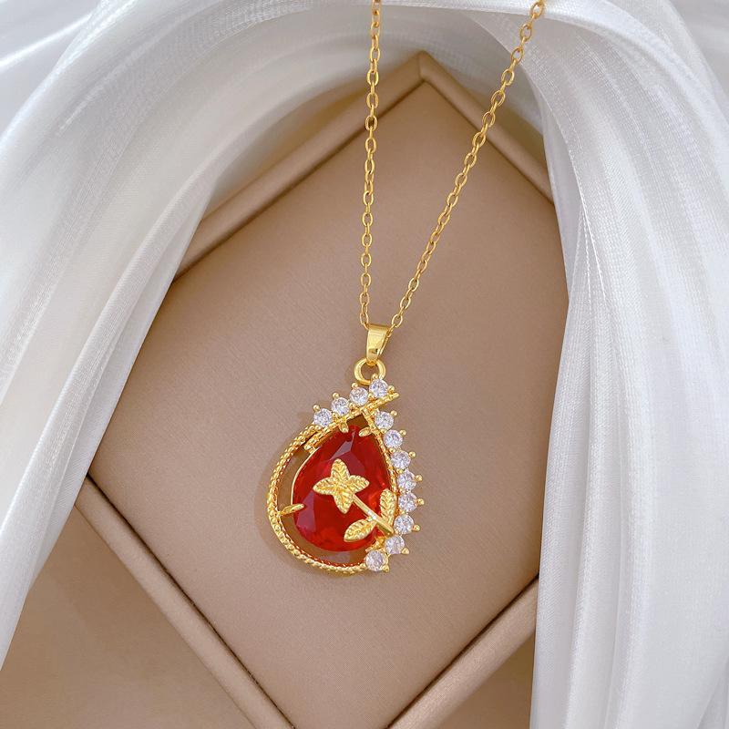 Antique Water Drop Full Diamond Fashion Light Luxury Temperament Gorgeous Full Diamond Necklace Female Versatile Collarbone Chain Titanium Steel