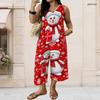 Women Plus Size V Neck Sleeveless Christmas Printed Red Wide Leg Pants Set With Pockets