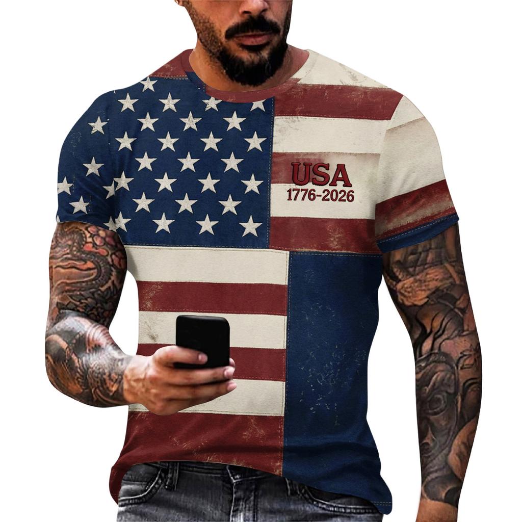 Men's Loose And Casual Flag-print T-shirt, Short Sleeve Shirt