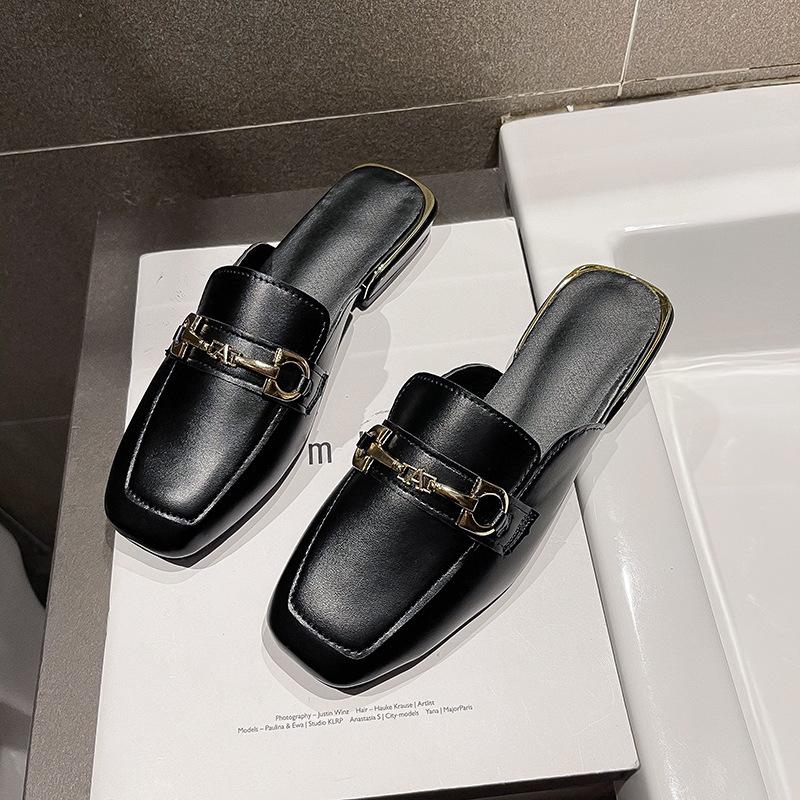 High heels women's new spring and autumn 2024 square head thick heel shallow mouth bag head low heel one pedal outer wear versatile slippers