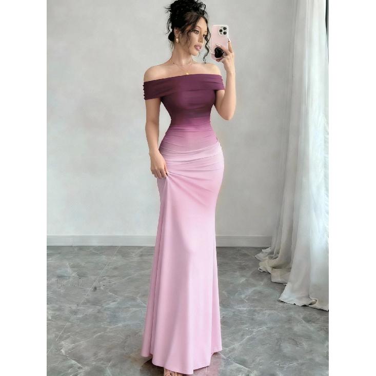 Women S Fashionable One-Shoulder French High-Quality Waist-Enhancing Slimming Dress S темно-красного