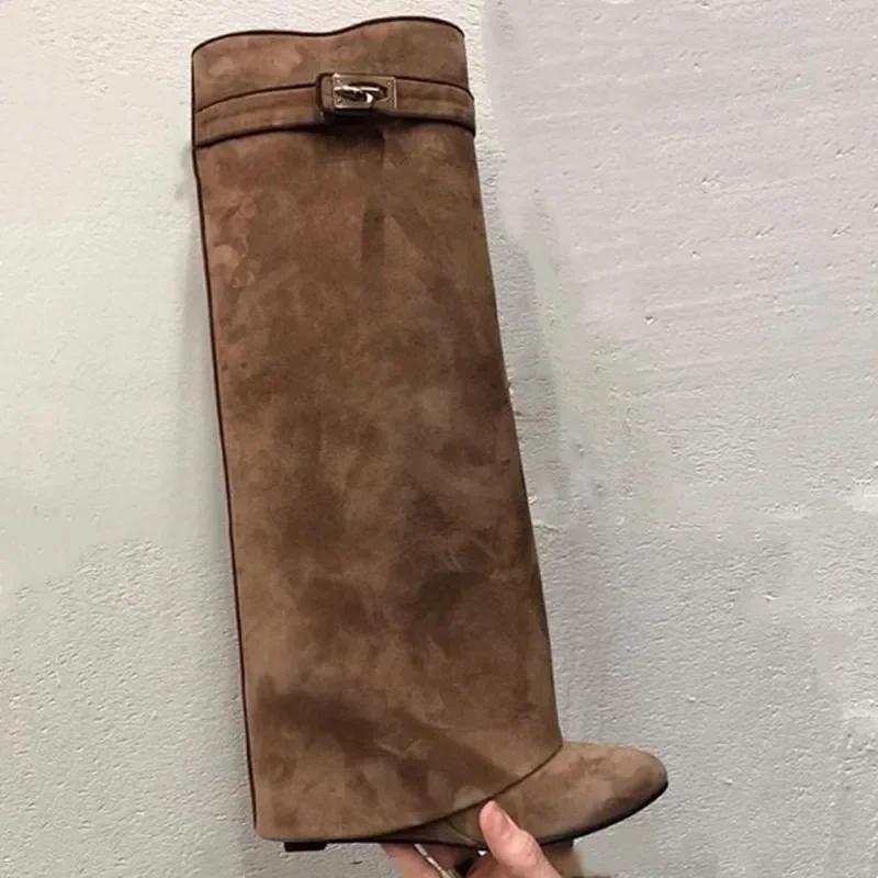 Elegant High Heel Mid-Calf Boots with Metal Buckles for Formal Banquets, Stylish Riding Boots for Women, Chunky Heel Dress Boots