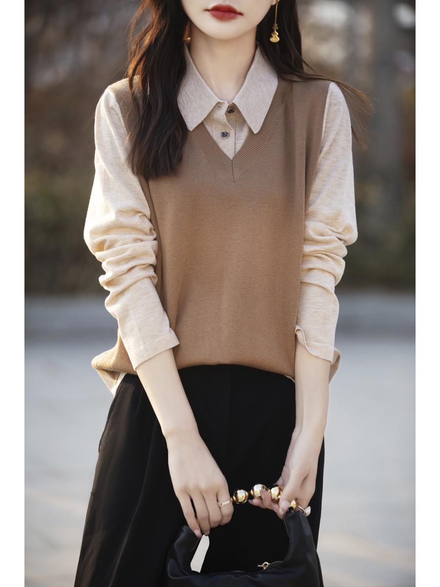 

Женский вязаный топ с воротником поло: Комплект из двух частей, смесь шелка тутового дерева и шерсти, легкий, свитер на весну/осень. Medium верблюд