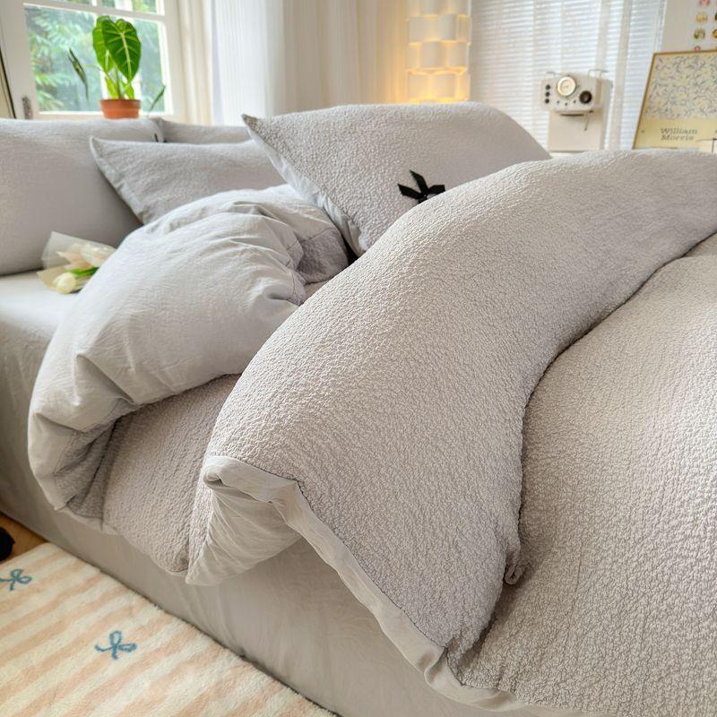 Popular Duvet Cover Set Ins Bubble Washing Bedding Set Bedsheet Solid Color Student Dormitory Bed Sheet Girls