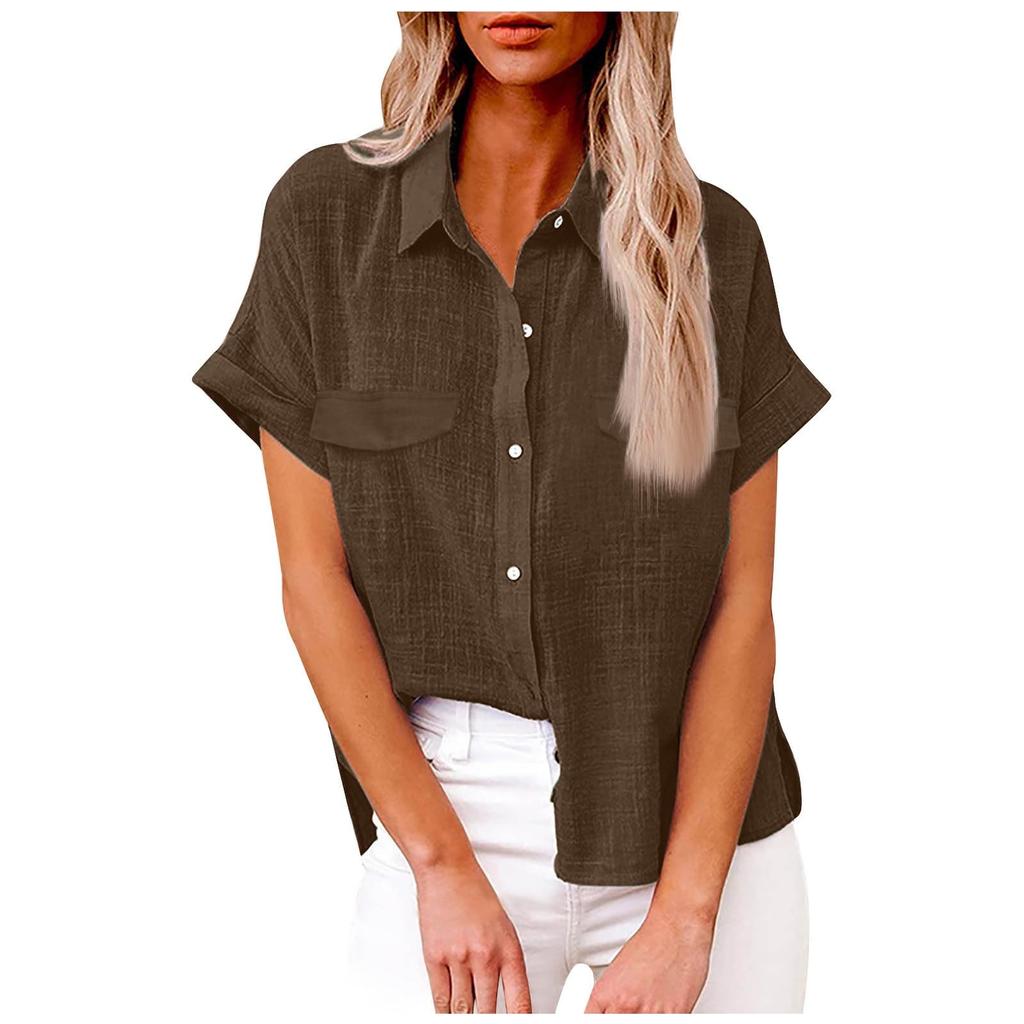 Women's Fashionable Loose-Fit Casual Shirt Button-Up Short-Sleeve Cotton-Linen Blend Top