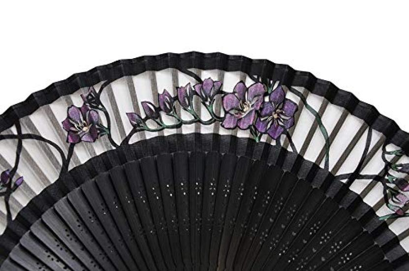 Women's Silk Fan Paper-cut Short Fan  Freesia Pattern, Black
