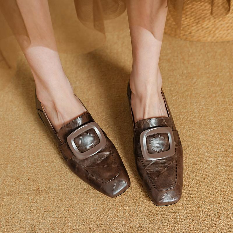 Fashion 2025 New Size 34-40 Women Casual Loafers Real Leather Soft Square Toe High Heels Shoes Spring Office Lady Daily Pumps Shoes