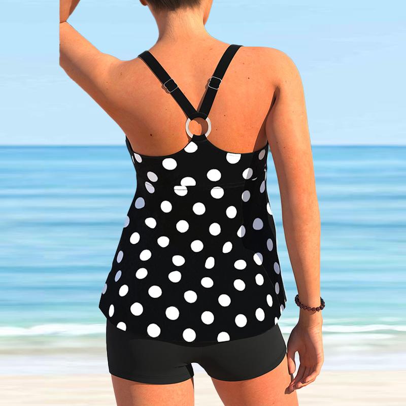 Women's Shoulder Strap Swimsuit Black Personalized Dots Print Bikini Tankini Swimsuit