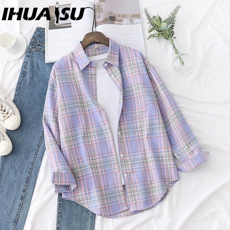 

IHUASU Женские модные повседневные блузки и рубашки с длинным рукавом и воротником поло XXL синий