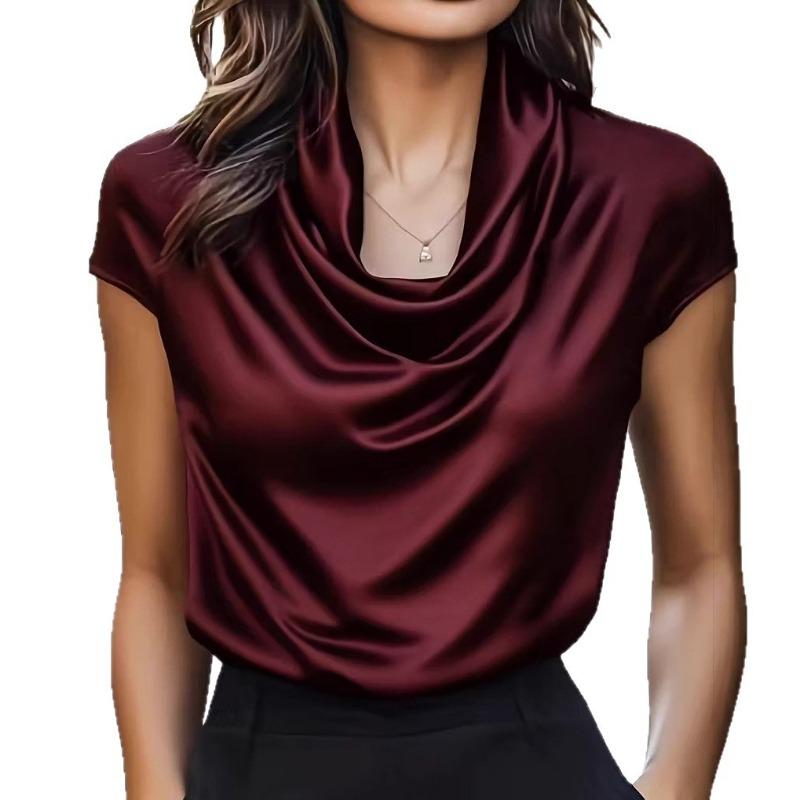 Spring Autumn Women's Satin Cowl Neck Blouse Short Sleeve Elegant Casual Work Top