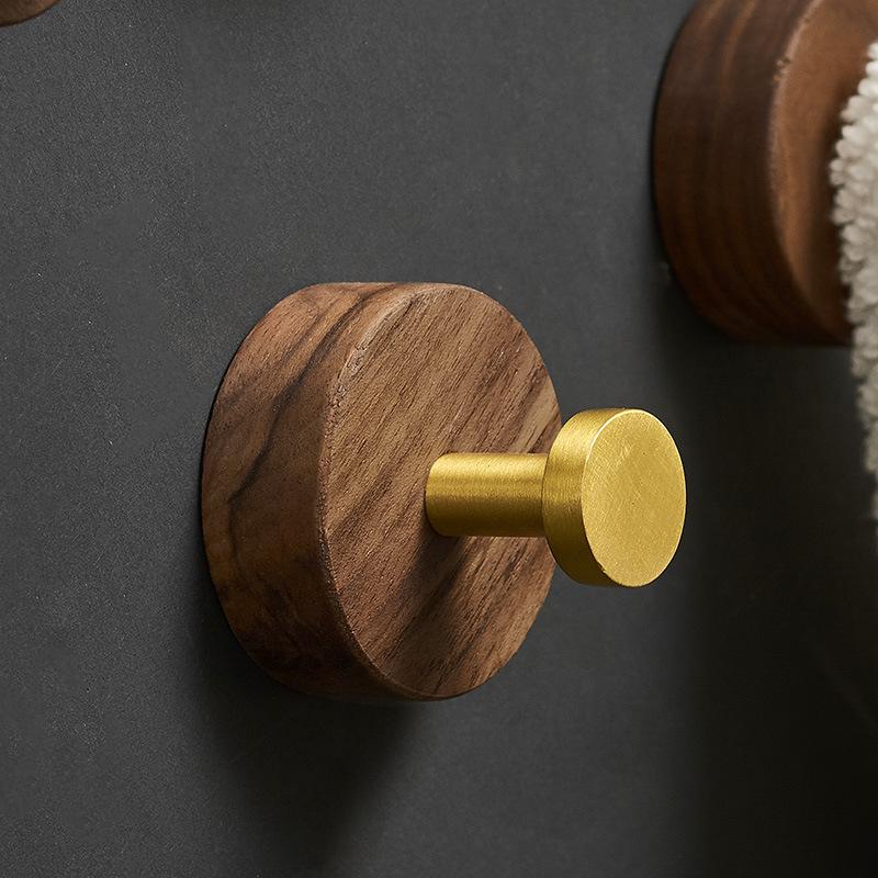 Walnut Bathroom Wall-Mounted No-Drill Adhesive Hook, Solid Wood & Space Aluminum