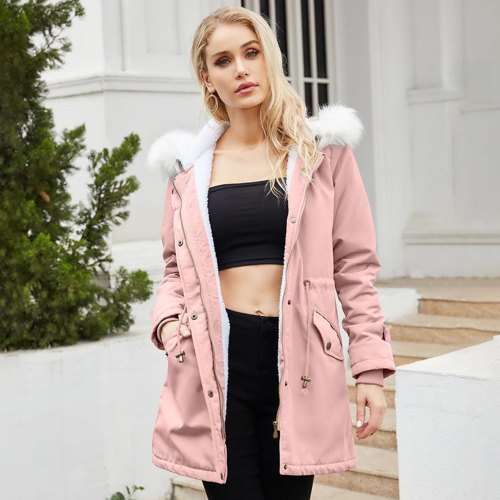 2023 Women's Detachable Fur Collar Parka: Long Sleeve Hooded Cotton Coat with Fleece Lining for Autumn/Winter