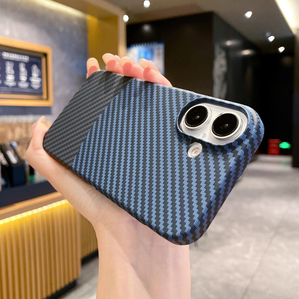 Carbon Fiber Kevlar Pattern PC Case For iPhone 17 Air 16 15 14 Plus 13 12 11 Pro Max Shockproof Splice Retro Lines Cover