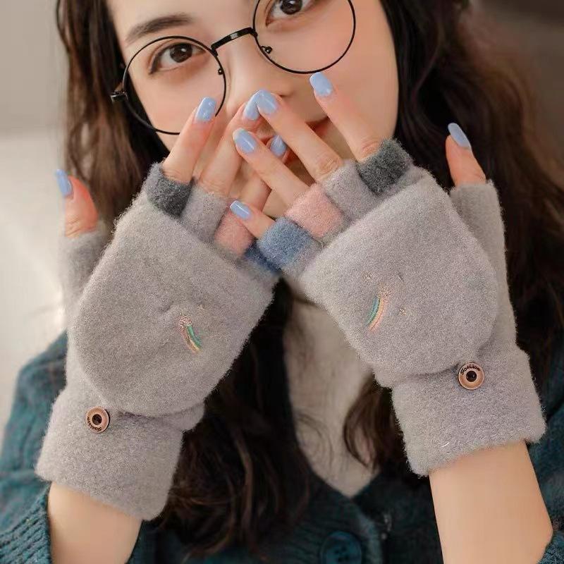 Fashionable Women's Half Finger Autumn and Winter New Style Thick Warm Yarn Knitted Cute Flip Cover with Missing Fingers