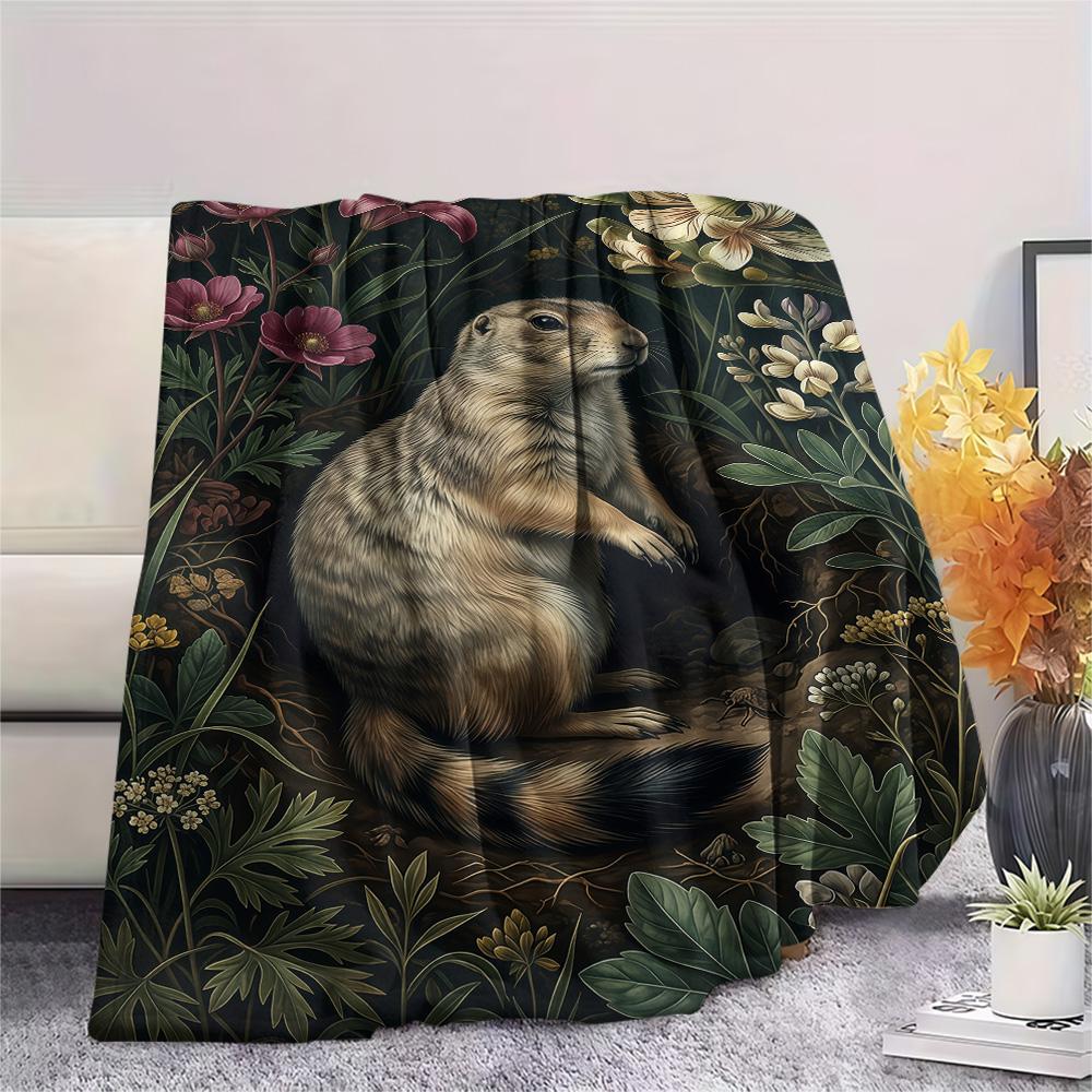 1PC Cute Little Groundhog  Print FlAannel Blanket, High Quality Comfortable for All Seasons, Home Decor, Warmth and Comfort