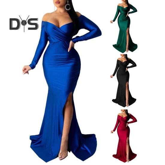 Lady Evening Dress V Neck Off Shoulder Side Slit Floor Length Long Sleeves Pleated Slim Fit Maxi Dress Ball Gown Banquet Party Dress
