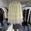 2026 Women's Grey Layered Mesh Cake Skirt with Elastic Waist - Korean Style