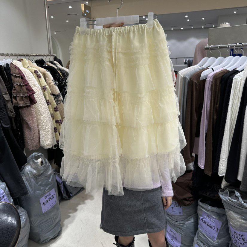 2026 Women's Grey Layered Mesh Cake Skirt with Elastic Waist - Korean Style