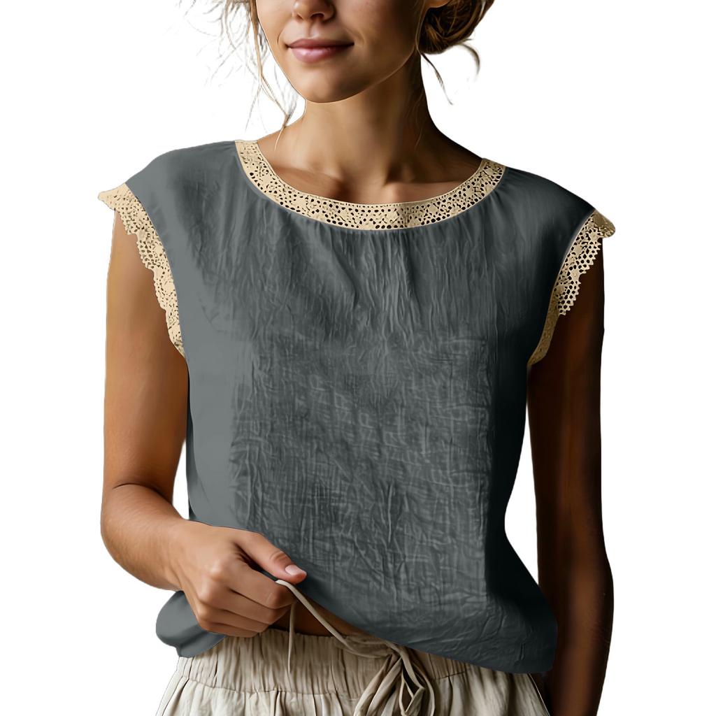 Haut d'été sans manches en lin pour femme, style rétro ample, patchwork de dentelle de couleur, col rond