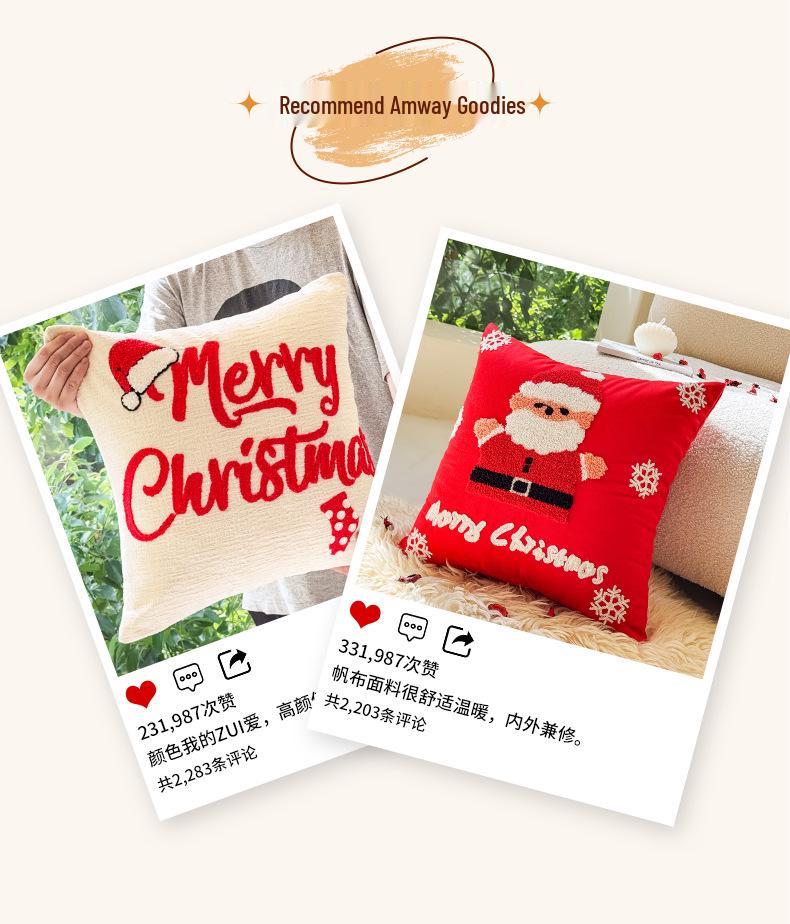 Christmas Embroidery Candy Cane & Santa Hat Tufted Throw Pillow Cover