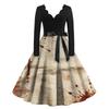Women Long Sleeve V Neck Casual Dress Halloween Print Vintage Style Fit and Flare Midi Dress with Waist Tie Belt