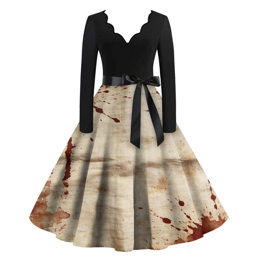 Women Long Sleeve V Neck Casual Dress Halloween Print Vintage Style Fit and Flare Midi Dress with Waist Tie Belt