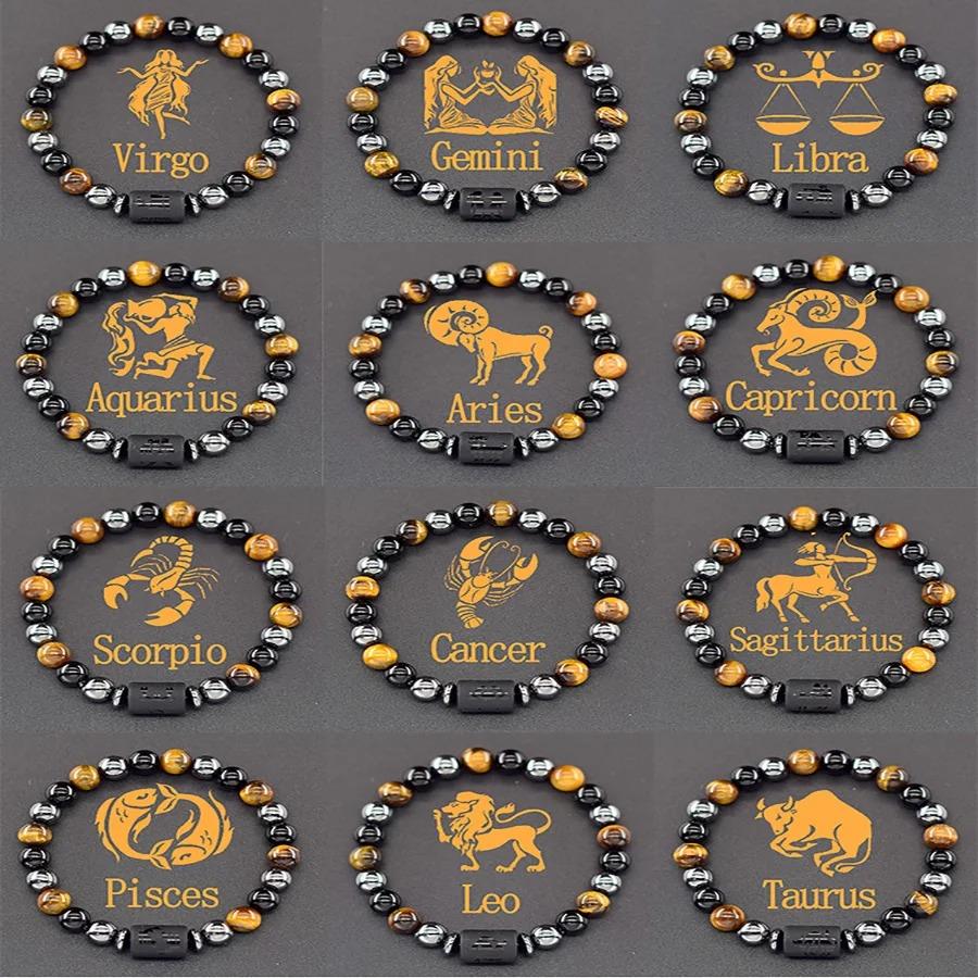 12 Zodiac Signs Natural Stone Bracelets Leo Capricorn Taurus Cancer Bracelets Girl Men Couple Friendship Jewelry Gift Bracelets FashionColor