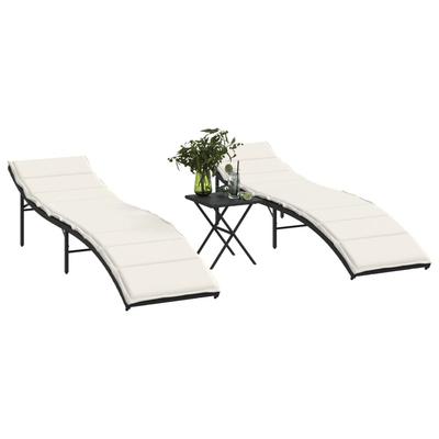 Vidaxl Sun Loungers with Table, 2 Pcs, Black, Poly Rattan