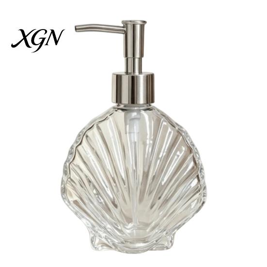 Lotion Glass Container 400ML Beach Seashell Refillable Soap Dispenser, Liquid Hand Bottle Container, Pump for Bathroom Kitchen Countertop Dispenser