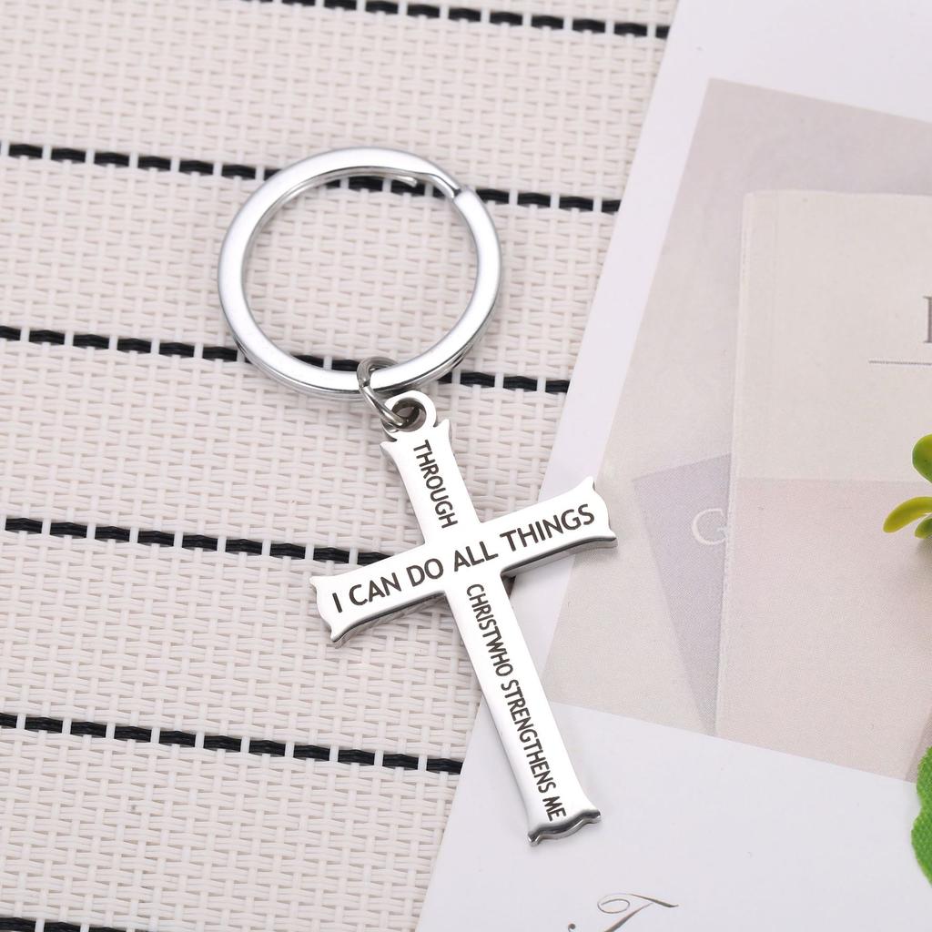 I Can Do All Things Cross Stainless Steel Keychain Inspirational Religious Design Fashion Bag Pendant Practical Gift