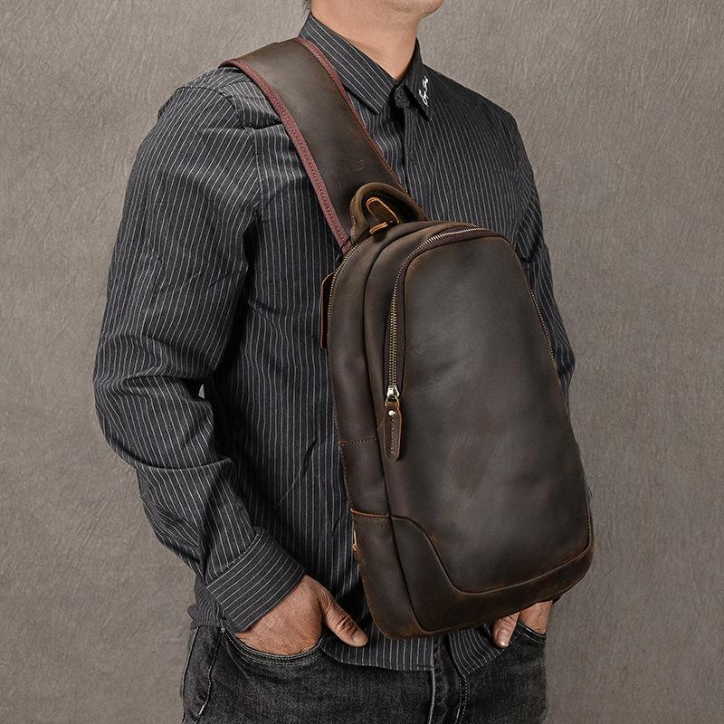 Crazy Horse Leather Chest Bag Large Capacity Men's Leisure Diagonal Cross Bag with USB Cowhide Shoulder Bag Commuting Leisure Shoulder Bag